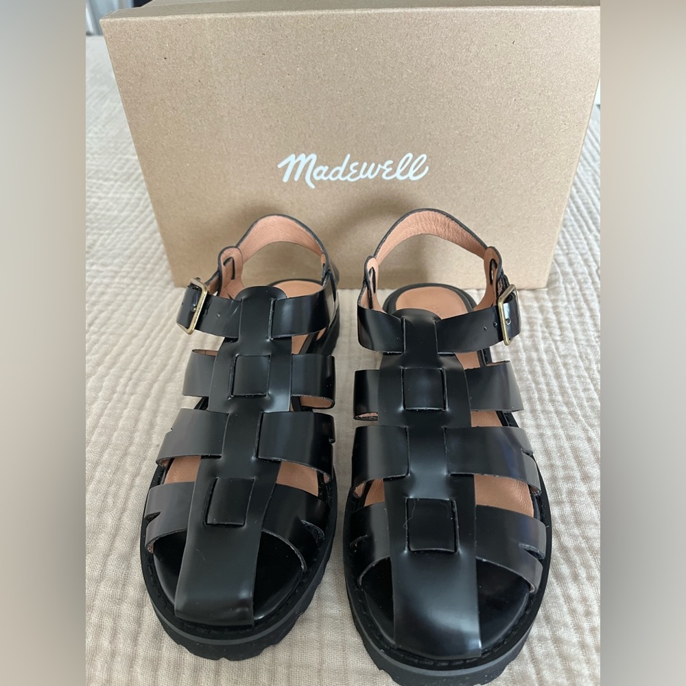 Madewell True Black Leather Fisherman Sandals